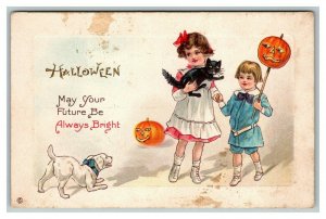 Vintage 1920's Halloween Postcard Girl Holds Black Cat Boy Holds Jack O Lantern