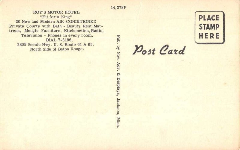 Baton Rouge Louisiana Roy's Motor Hotel Vintage Postcard AA32079