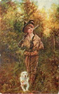 c1907 Postcard Woman Hunter & Retriever Dog, On the Trail, Unposted