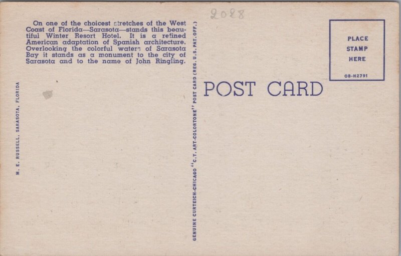 The John Ringling Hotel Sarasota Florida Linen Postcard C088