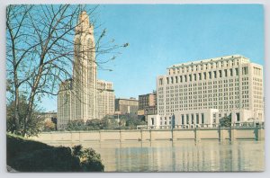 Columbus Ohio~Civic Center @ Scioto River~LeVeque-Lincoln Tower~1950s Postcard