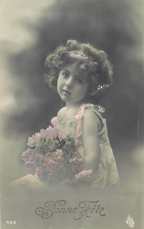 charming girl elegant outfit fancy head ornament flower bouquet Post card