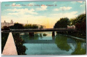 Stephenson Street Bridge Looking West Freeport IL Vintage Postcard E71