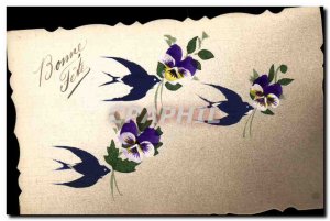 Old Postcard Fancy (drawing hand) Flowers Swallows