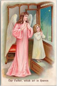 Angel in Pink gown with Child in white praying at window embossed