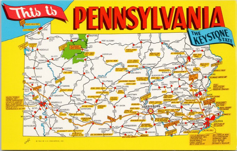 PA Map 'This is Pennsylvania' Keystone State Yellow Unused Postcard G51