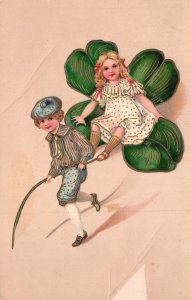 Vintage Postcard Cute Little Kids on Large Leaf Greetings and Wishes Card