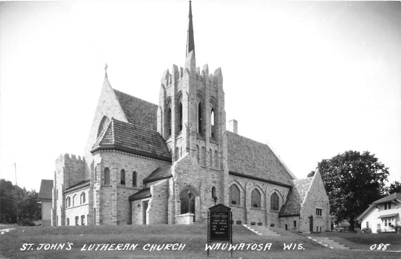 Wauwatosa Wisconsin~St John's Lutheran Church~Church Sign in Front~1950s RPPC