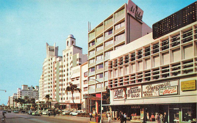 Miami Beach Collins Avenue Store Fronts Hotels Health Bar Postcard