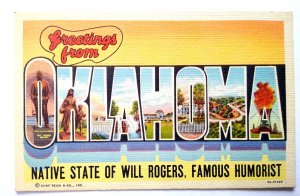 Greetings From Oklahoma Large Big Letter Linen Postcard Curt Teich Will Rogers