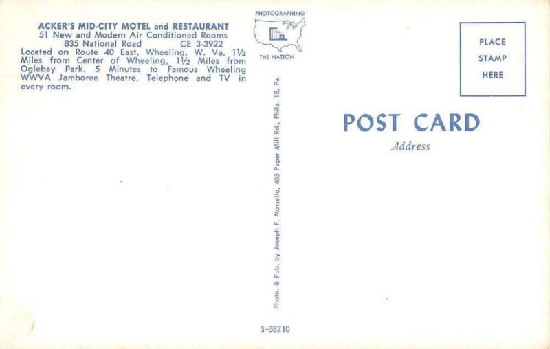 Wheeling West Virginia Acker's Mid-City Motel and Restaurant Postcard AA39906