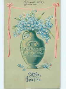 Pre-Linen art nouveau FORGET-ME-NOT FLOWERS IN ANTIQUE POTTERY VASE HJ3581