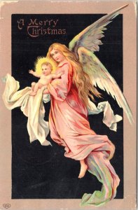 Christmas Postcard Angel Woman Holding Flying with Baby Jesus Lighted Halo