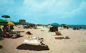 Virginia Beach VA, Relaxation Smooth Sand, Foamy Surf, Sun Bathing, Postcard