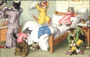 Fantasy Dressed Animals Cats Pillow Fight Shaving Mainzer Vintage Postcard