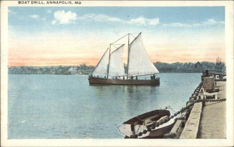 Annapolis MD Boat Drill & Pier c1920 Postcard