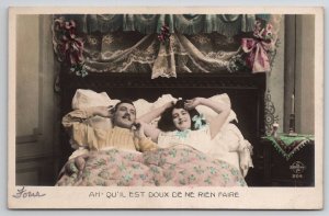 RPPC Edwardian Couple in Bed Its Nice to do Nothing Tinted Photo Postcard J25