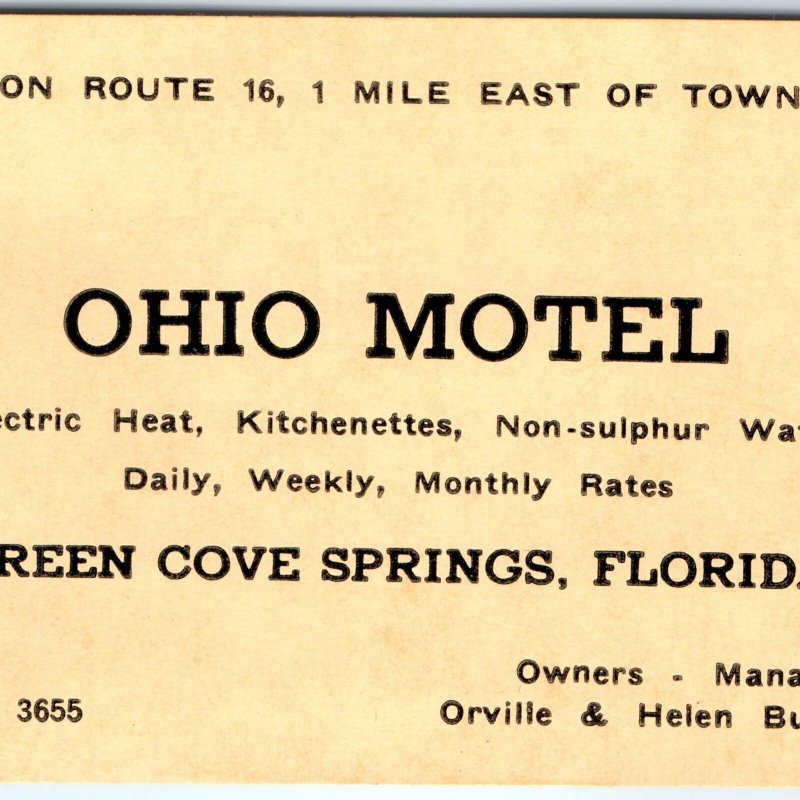 c1960s Green Cove Springs, FL Ohio Motel Business Card Advertising Trade Fla C44