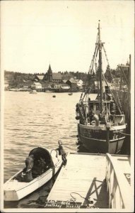 Boothbay Harbor Ship Calista MOrrill & Motor Boat at Dock RPPC Postcard