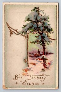 Best Birthday Wishes Winter Scene Snow Tree Posted 1914 Postcard Divided Back