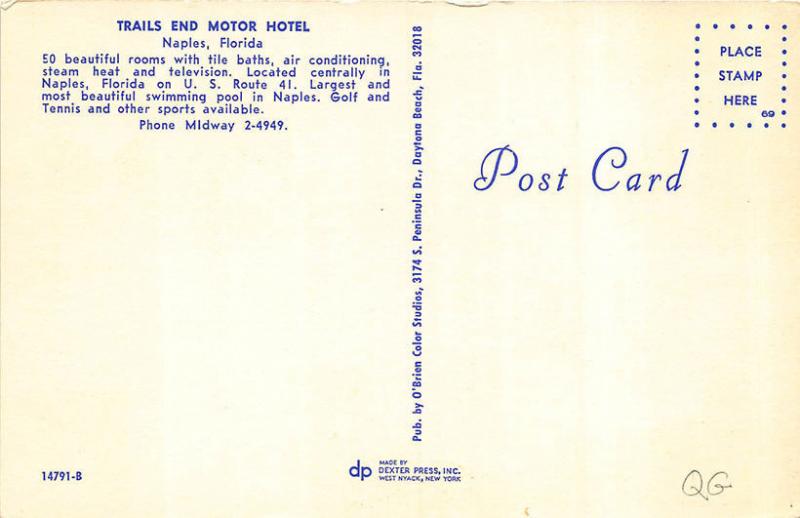 Naples FL Trails End Motor Hotel Edsel Old Car Postcard