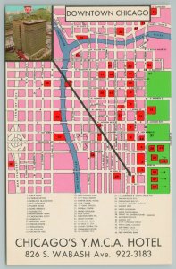 Chicago Illinois~Downtown Chicago Map~YMCA Hotel~Vintage Postcard