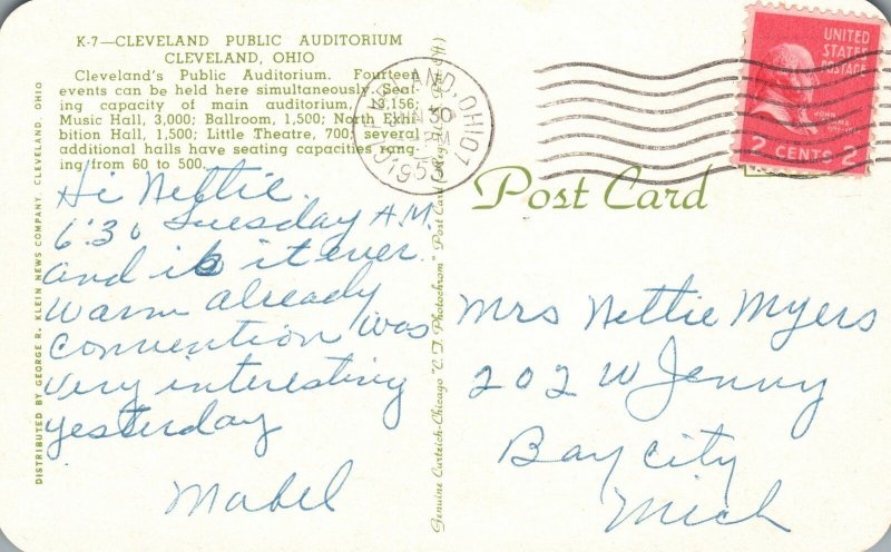 Cleveland Ohio OH, 1953 Cleveland Public Auditorium Building, Vintage Postcard