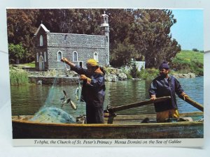Men Fishing on the Sea of Galilee by St Peters Primacy Tabgha Vintage Postcard