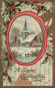 Vintage Postcard 1909 A Joyous Christmastide Landscape Snowfield Home Leaves