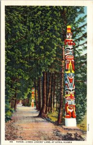 Totem Lined Lovers Lane Sitka Alaska AK Linen Postcard UNP VTG Unused Curt Teich 