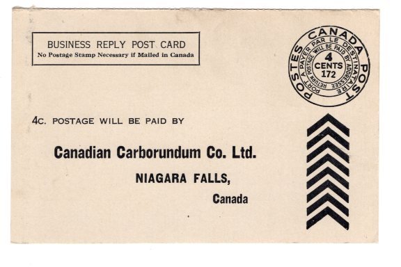 Canadian Carborundum Co. Niagara Falls, Ontario, Business Reply Postcard Canada