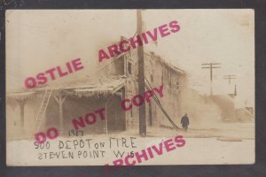 Stevens Point WISCONSIN RPPC 1917 DEPOT FIRE Flames TRAIN STATION Firemen KB #2