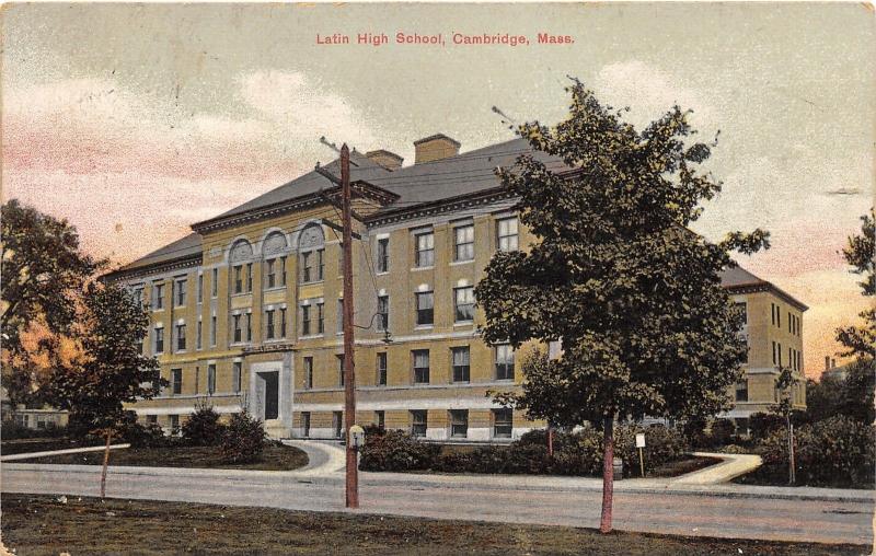 Cambridge Massachusetts~Latin High School~Sign by Street~1907 Postcard