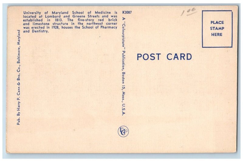 Baltimore Maryland Postcard University Of Maryland School Of Medicine c1940's