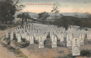 CEMETERY OF ANCON PANAMA GRAVESTONES DATED 1906 IN FOREGROUND POSTCARD (c. 1910)