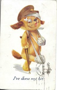 Injured dog. I'v done my bit Old vintage English, artist drawn, postcard