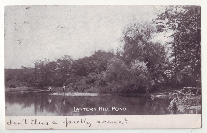 P642 JLs old card postmarked mystic conn. fishing latern hill pond