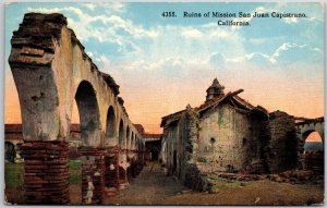 California CA, Ruins of Mission San Juan Capistrano, Arched Corridor, Postcard