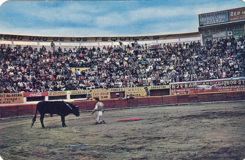 P1935 vintage postcard nagales son many signs coca cola etc bullfighting mexico