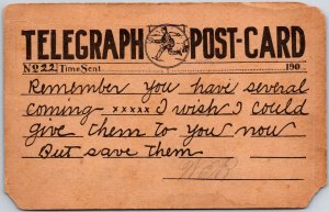 1909 Telegraph Post-Card Remember You Have Several Coming Posted Postcard