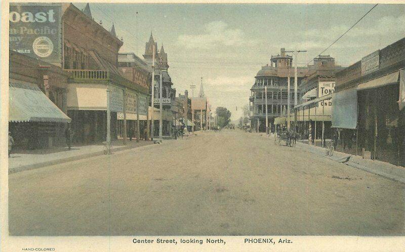 c1910 Phoenix Arizona Center Street North View Hand Colored Albertype Postcard