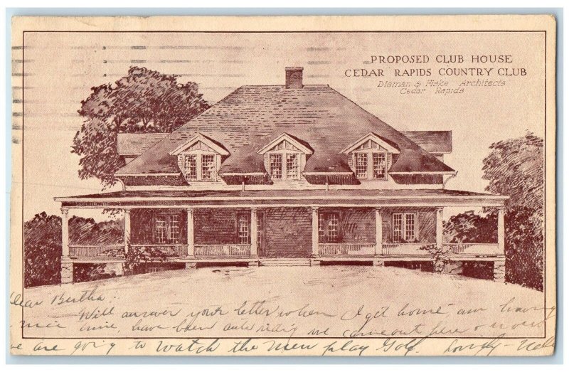 1907 Proposed Club Hotel Exterior Scene Cedar Rapids Iowa IA Posted Postcard