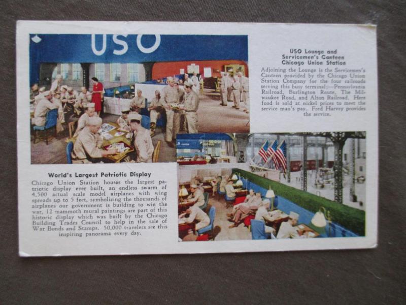 1943 USA Soldiers Field Post Stampless PC- USO Lounge Chicago Union Station(WW5)