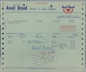 1956 Anvil Brand High Point N.C. Work 'n' Play Clothes Invoice Overalls 376 