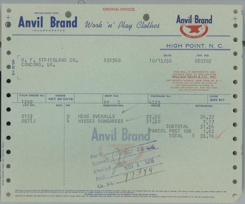 1956 Anvil Brand High Point N.C. Work 'n' Play Clothes Invoice Overalls 376 