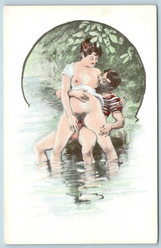 Postcard French Risque Man Woman Nude Action Cartoon Making Love in Water Q16