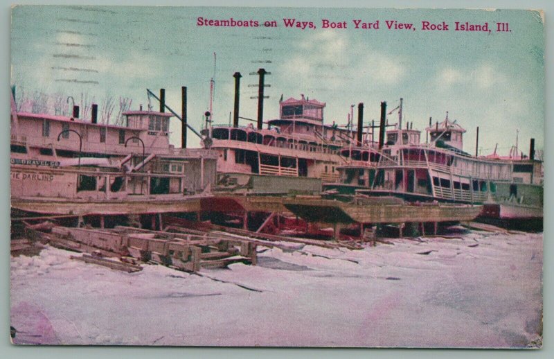 Rock Island Illinois~Steamboats on Ways~Boat Yard in Snow~Gravel Co~c1910  