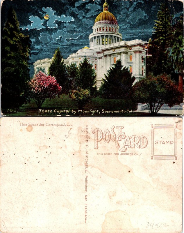 Sacramento CA State Capitol Building Moonlight Postcard Unused (39902)