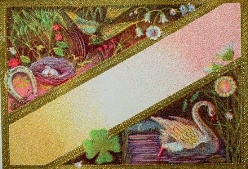 Embossed Gilt Victorian Trade Card Night lake Swan Four-Leaf Clover Eggs P41