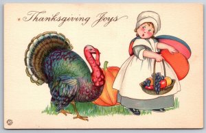 MEP Thanksgiving~Pilgrim Girl w/ Basket of Fruit Runs From Turkey~ART DECO 775 A